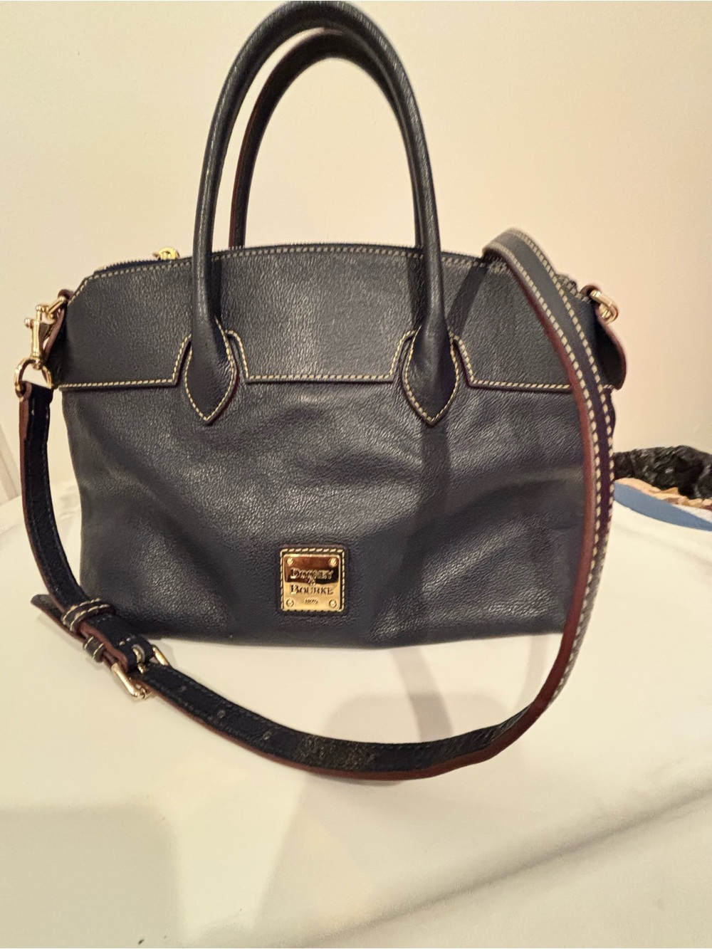 Dooney & Bourke Navy Leather Satchel with Gold-Tone Plaque